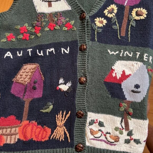 Vintage New Look Sweater Vest Bird House M Embroidered Blue Cottage Core Granny - Picture 12 of 12